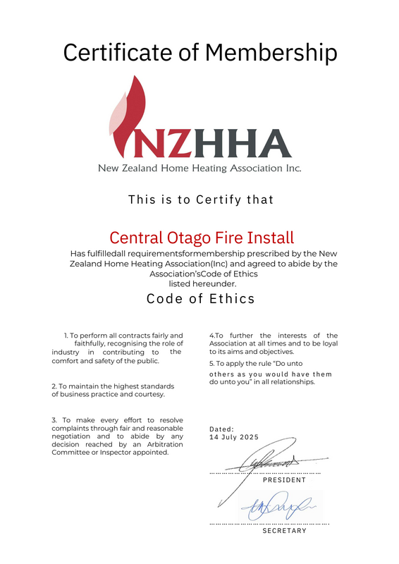 NZ Home Heating Association membership certificate